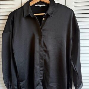 Zara Black Satin Button-Down Shirt